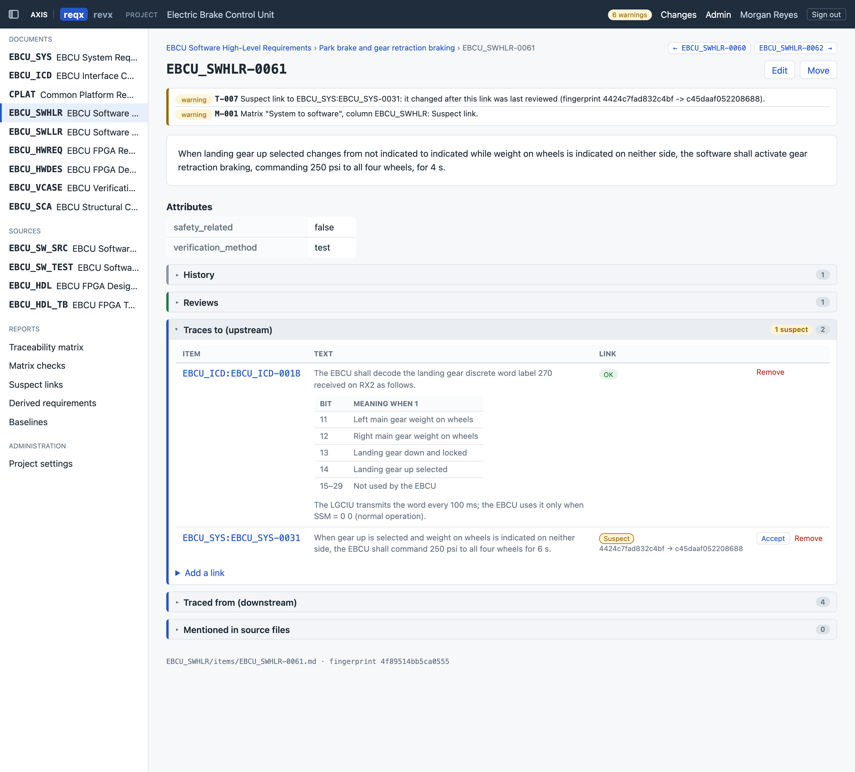 A reqx requirement page with a suspect-link warning: the software requirement still says 4 seconds, while the upstream system requirement it traces to now says 6 seconds.
